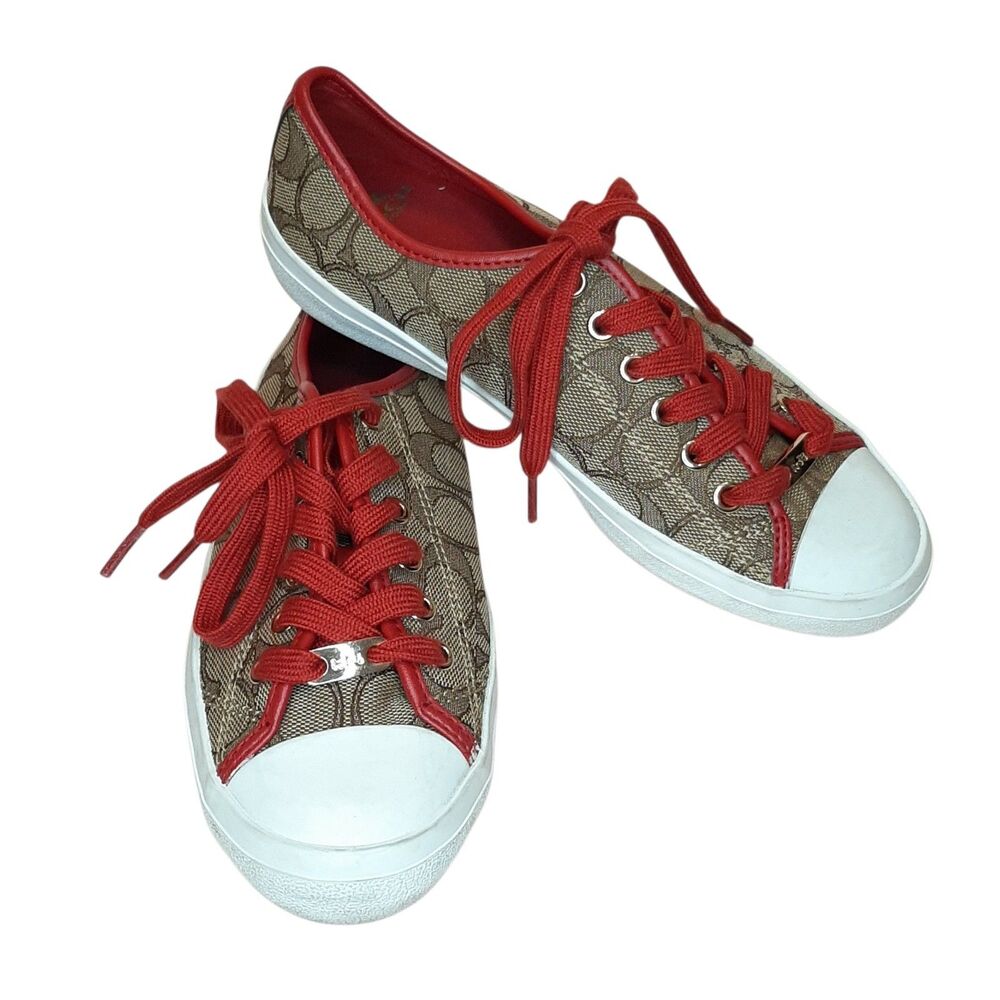 Coach Sneaker Brown Red Women Size 6.5 B Empire Canvas Athletic Fashion Shoes